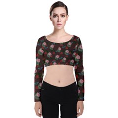 Dark Floral Butterfly Burgundy Velvet Long Sleeve Crop Top by snowwhitegirl