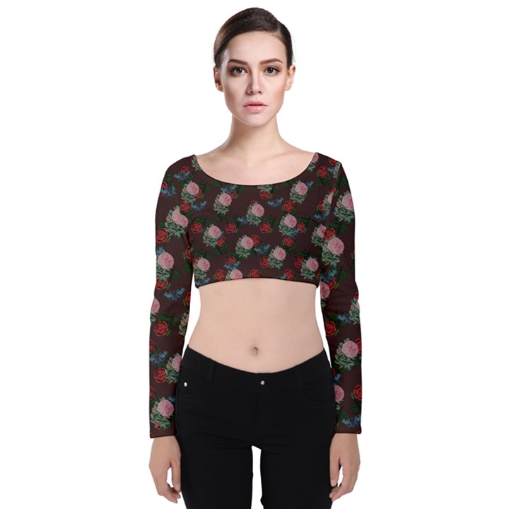 Dark Floral Butterfly Burgundy Velvet Long Sleeve Crop Top