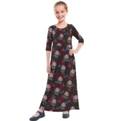 Dark Floral Butterfly Burgundy Kids  Quarter Sleeve Maxi Dress by snowwhitegirl