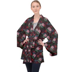 Dark Floral Butterfly Burgundy Long Sleeve Velvet Kimono  by snowwhitegirl