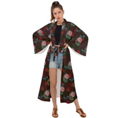 Dark Floral Butterfly Burgundy Maxi Kimono