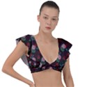 Dark Floral Butterfly Burgundy Plunge Frill Sleeve Bikini Top View1