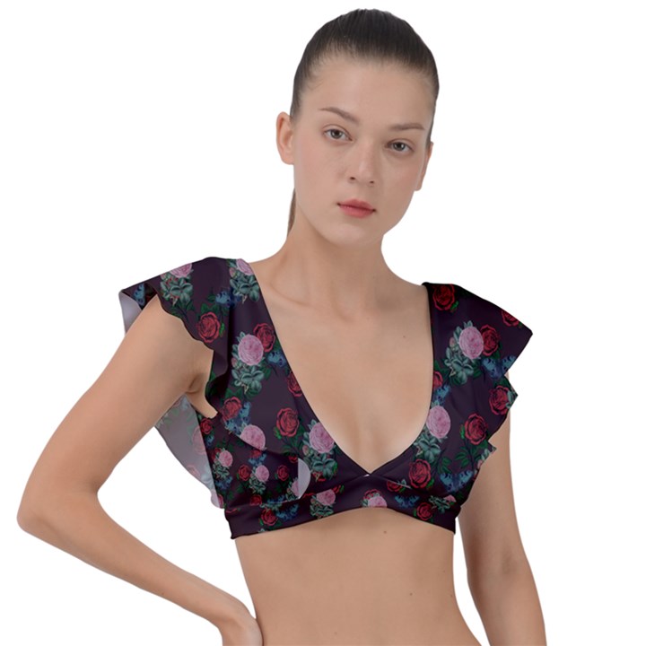 Dark Floral Butterfly Burgundy Plunge Frill Sleeve Bikini Top