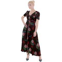 Dark Floral Butterfly Burgundy Button Up Short Sleeve Maxi Dress