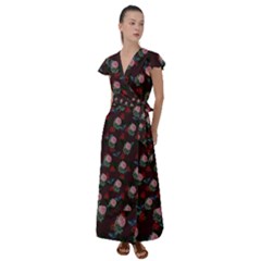 Dark Floral Butterfly Burgundy Flutter Sleeve Maxi Dress by snowwhitegirl