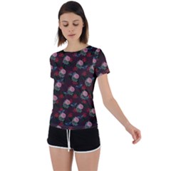 Dark Floral Butterfly Burgundy Back Circle Cutout Sports Tee