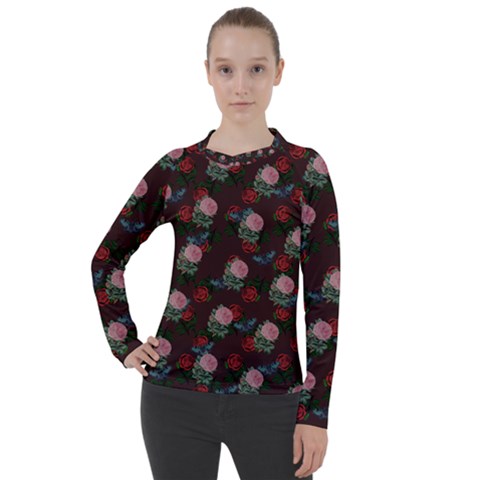 Dark Floral Butterfly Burgundy Women s Pique Long Sleeve Tee by snowwhitegirl