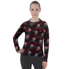 Dark Floral Butterfly Burgundy Women s Pique Long Sleeve Tee