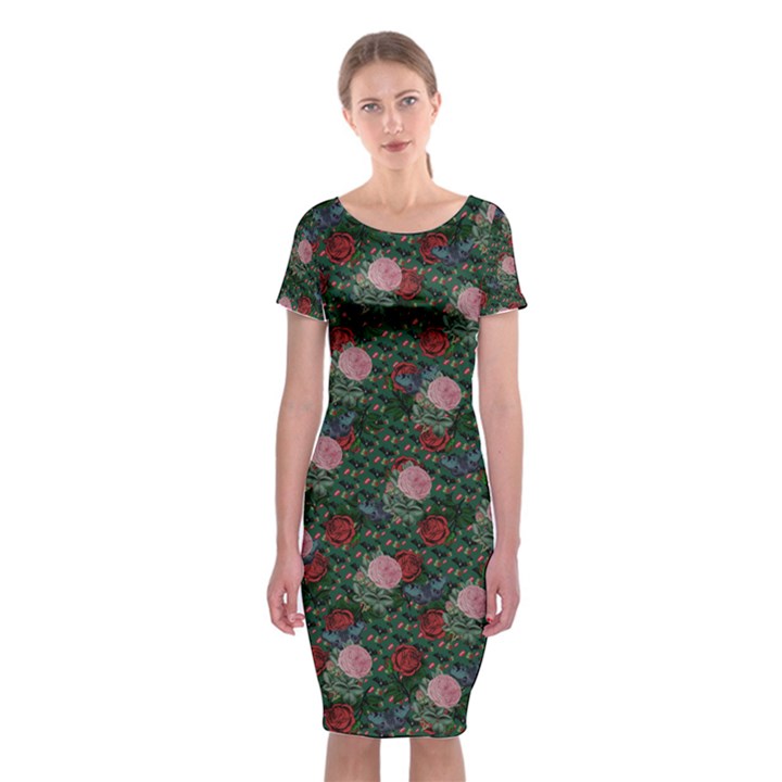 Dark Floral Butterfly Teal Bats Lip Green Classic Short Sleeve Midi Dress