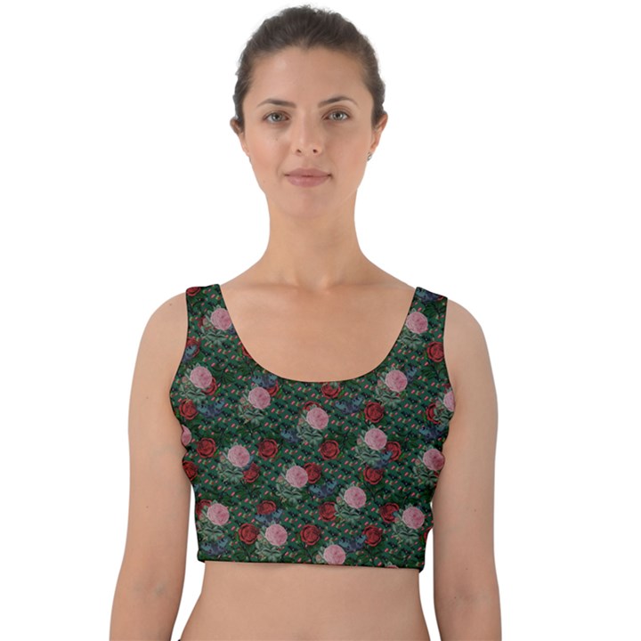 Dark Floral Butterfly Teal Bats Lip Green Velvet Crop Top