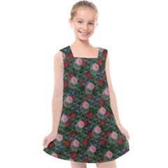 Dark Floral Butterfly Teal Bats Lip Green Kids  Cross Back Dress by snowwhitegirl