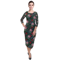 Dark Floral Butterfly Teal Bats Lip Green Quarter Sleeve Midi Velour Bodycon Dress by snowwhitegirl