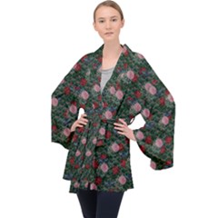 Dark Floral Butterfly Teal Bats Lip Green Long Sleeve Velvet Kimono  by snowwhitegirl