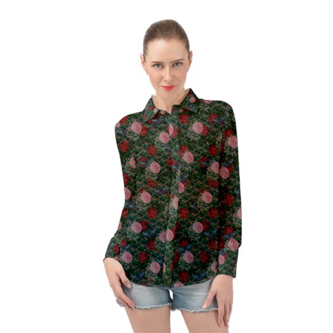 Dark Floral Butterfly Teal Bats Lip Green Long Sleeve Chiffon Shirt by snowwhitegirl