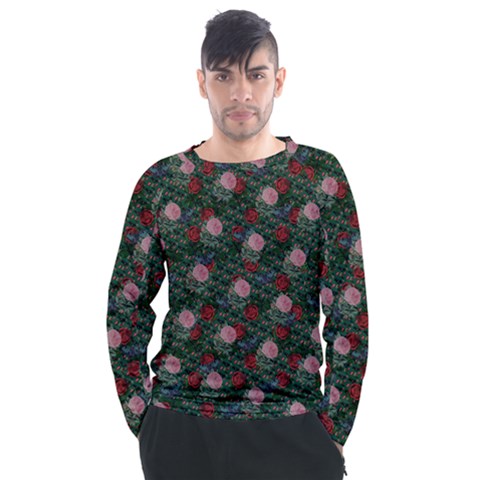 Dark Floral Butterfly Teal Bats Lip Green Men s Long Sleeve Raglan Tee by snowwhitegirl