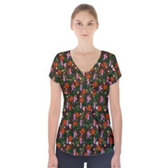 Fiola Pattern Brown Short Sleeve Front Detail Top by snowwhitegirl