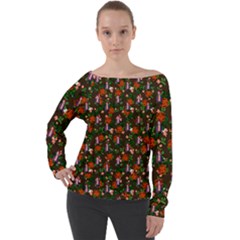 Fiola Pattern Brown Off Shoulder Long Sleeve Velour Top