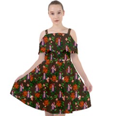 Fiola Pattern Brown Cut Out Shoulders Chiffon Dress