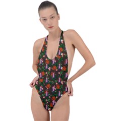 Fiola Pattern Brown Backless Halter One Piece Swimsuit