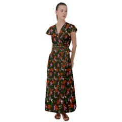 Fiola Pattern Brown Flutter Sleeve Maxi Dress