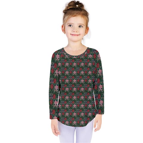 Dark Floral Butterfly Teal Bats Lip Green Small Kids  Long Sleeve Tee by snowwhitegirl