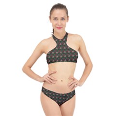 Dark Floral Butterfly Teal Bats Lip Green Small High Neck Bikini Set by snowwhitegirl