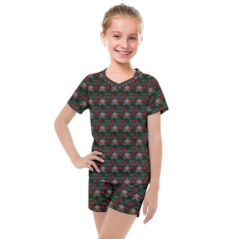 Dark Floral Butterfly Teal Bats Lip Green Small Kids  Mesh Tee And Shorts Set by snowwhitegirl