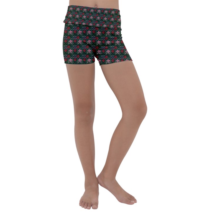 Dark Floral Butterfly Teal Bats Lip Green Small Kids  Lightweight Velour Yoga Shorts