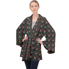 Dark Floral Butterfly Teal Bats Lip Green Small Long Sleeve Velvet Kimono  by snowwhitegirl