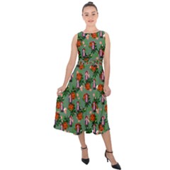 Fiola Pattern Green Midi Tie-back Chiffon Dress