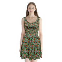 Fiola Pattern Green Split Back Mini Dress 