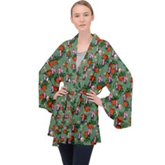 Fiola Pattern Green Long Sleeve Velvet Kimono 