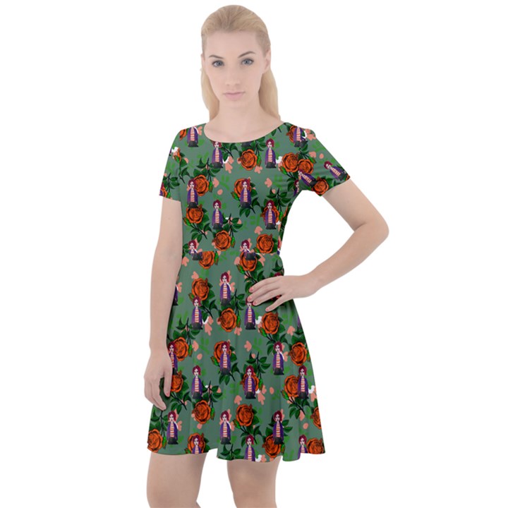 Fiola Pattern Green Cap Sleeve Velour Dress 