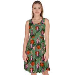 Fiola Pattern Green Knee Length Skater Dress With Pockets