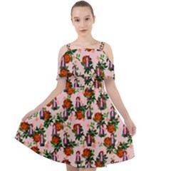 Fiola Pattern Pink Cut Out Shoulders Chiffon Dress