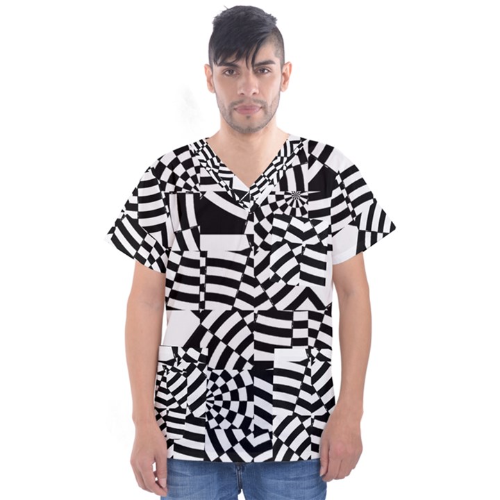 Black And White Crazy Pattern Men s V-Neck Scrub Top