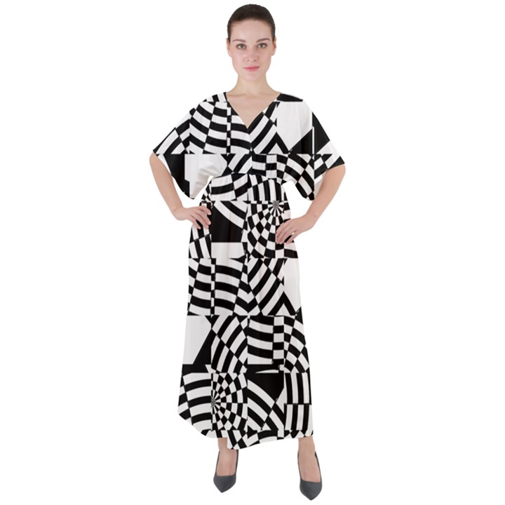 Black And White Crazy Pattern V-Neck Boho Style Maxi Dress