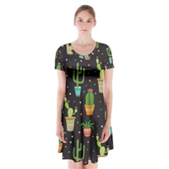 Succulent And Cacti Short Sleeve V-neck Flare Dress