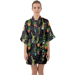 Succulent And Cacti Half Sleeve Satin Kimono  by ionia