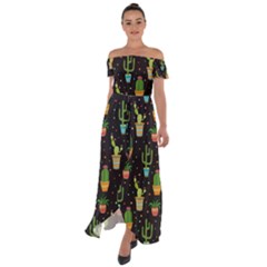 Succulent And Cacti Off Shoulder Open Front Chiffon Dress