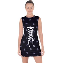 Wet Leaves Botanical Motif Pattern Design Lace Up Front Bodycon Dress