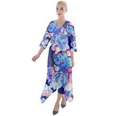 Flowers Quarter Sleeve Wrap Front Maxi Dress