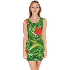 Red Flowers And Green Plants At Outdoor Garden Bodycon Dress by dflcprintsclothing