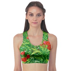 Red Flowers And Green Plants At Outdoor Garden Sports Bra