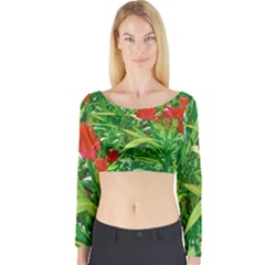 Red Flowers And Green Plants At Outdoor Garden Long Sleeve Crop Top by dflcprintsclothing