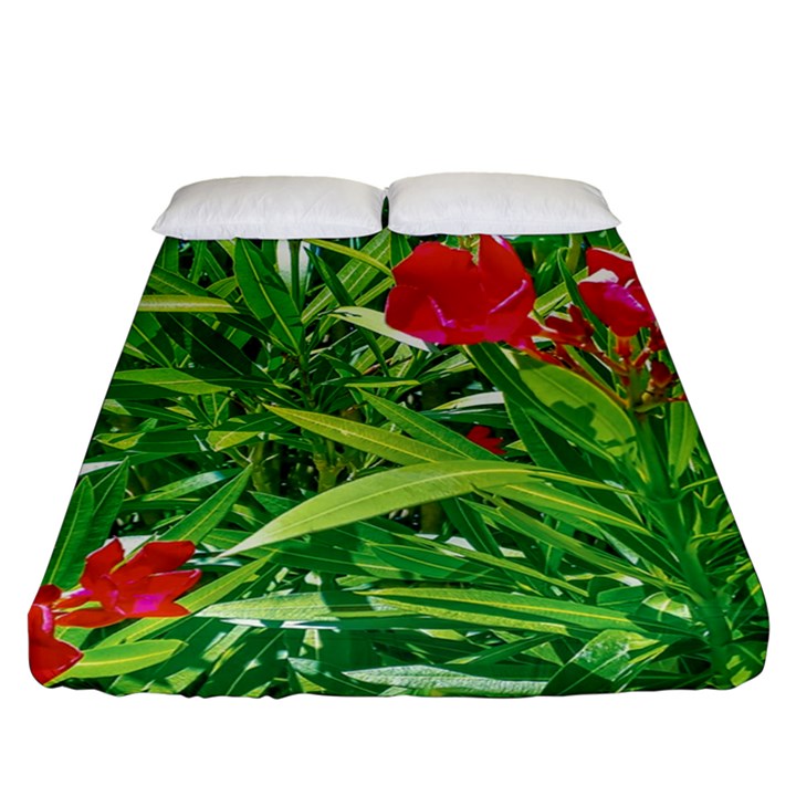 Red Flowers And Green Plants At Outdoor Garden Fitted Sheet (Queen Size)