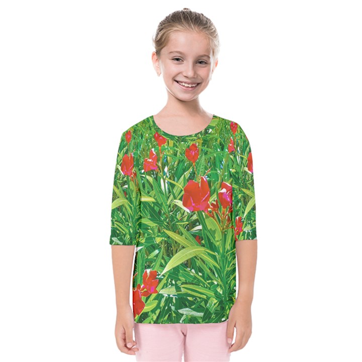 Red Flowers And Green Plants At Outdoor Garden Kids  Quarter Sleeve Raglan Tee