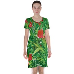 Red Flowers And Green Plants At Outdoor Garden Short Sleeve Nightdress by dflcprintsclothing