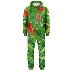 Red Flowers And Green Plants At Outdoor Garden Hooded Jumpsuit (men) 