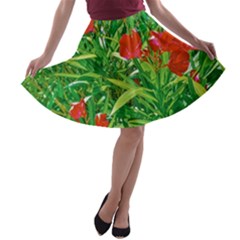 Red Flowers And Green Plants At Outdoor Garden A-line Skater Skirt by dflcprintsclothing